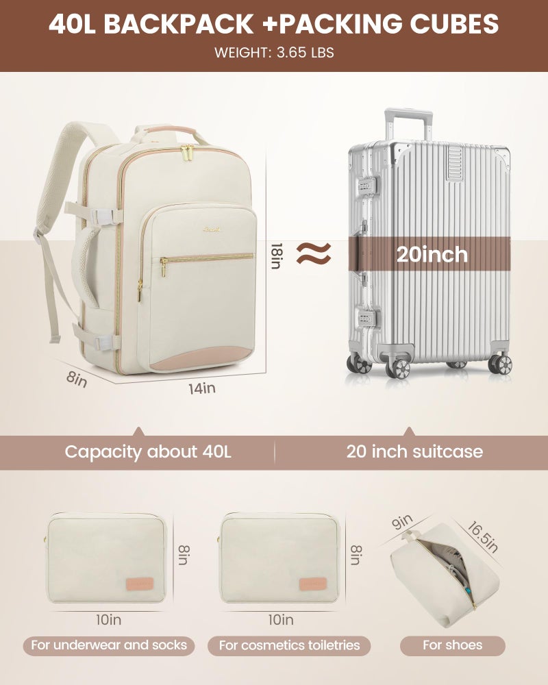 LOVEVOOK Travel Backpack for Women  40L Personal Item Backpack Flight Approved with 3 Packing Cubes  Water Resistant Carry on Backpacks Luggage Daypack Business Weekender Bag  Beige-Flesh beige - Image 5